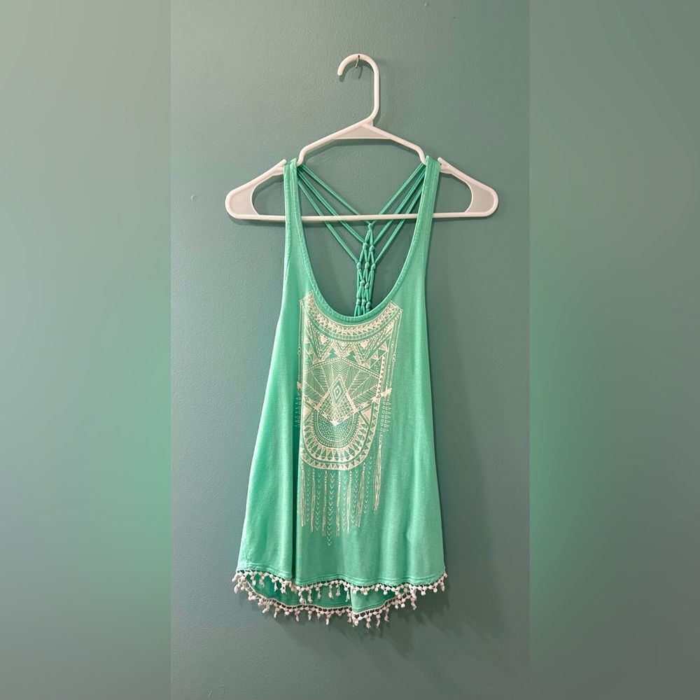 NWOT … Mint Green “Size: S” Criss Cross Tasseled Top